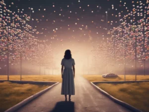 Woman standing and staring into the distance while the sky is filled with sleeping pills. Dr Sarah Adams teaches courses in insomnia and ADHD at drsarahadams.com