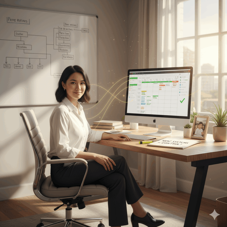 Woman with ADHD happy at her desk. Dr Sarah Adams teaches courses in insomnia and ADHD at drsarahadams.com