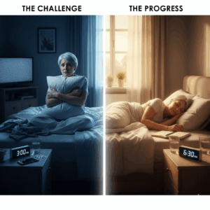 Cartoon of before and after states of woman suffering from insomnia and then contently sleeping after her insomnia treatment. Dr Sarah Adams teaches courses in insomnia and ADHD at drsarahadams.com