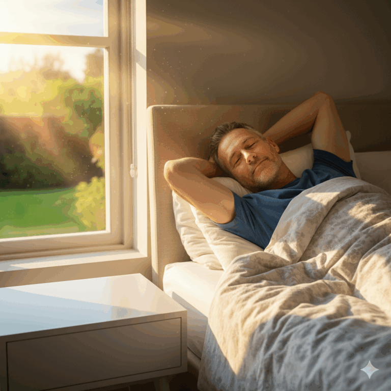 Man is in bed and has slept well. Dr Sarah Adams teaches courses in insomnia and ADHD at drsarahadams.com