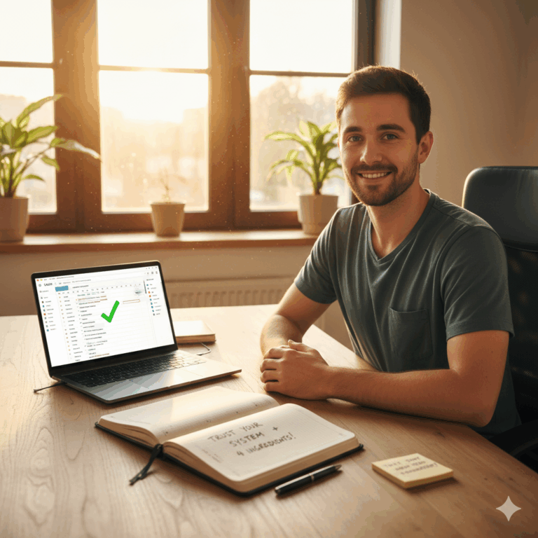 Man with ADHD happy at his desk. Dr Sarah Adams teaches courses in insomnia and ADHD at drsarahadams.com