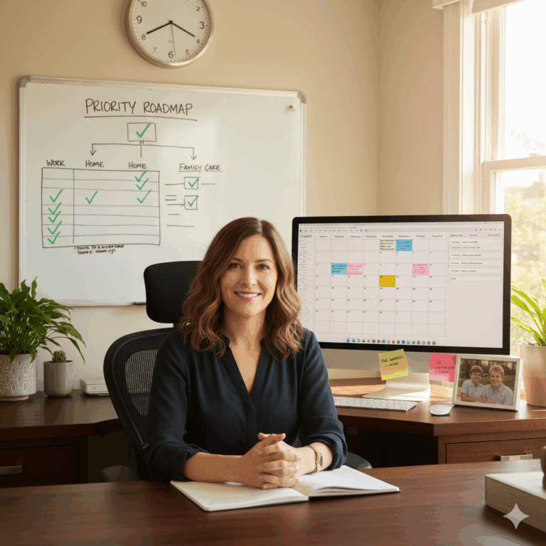 Woman with ADHD happy at her desk. Dr Sarah Adams teaches courses in insomnia and ADHD at drsarahadams.com